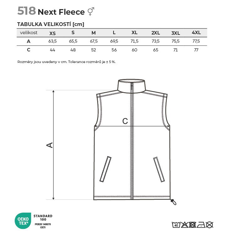 518 Next fleece vesta unisex Tabulka velikostí